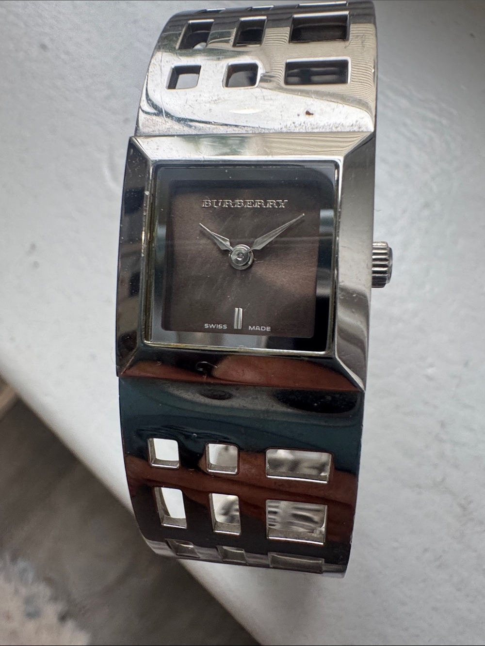 Vintage Burberry Stainless Steel Geometric Grid Cuff Bangle Watch